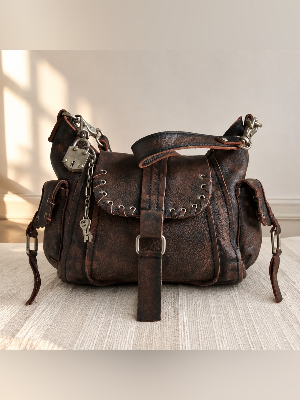 Free People Distressed Brown Leather Shoulder Bag with Key Charm